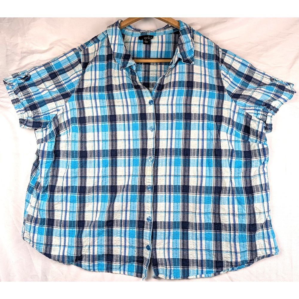 ERIKA Blue Plaid Seersucker Button Front Short Sleeve Shirt Women's Size 3XL